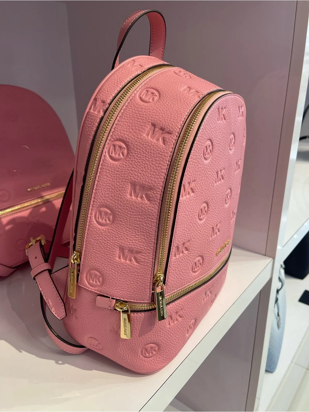 Michael Kors Rhea Medium Zip MK Logo Debossed Backpack Carnation NWT